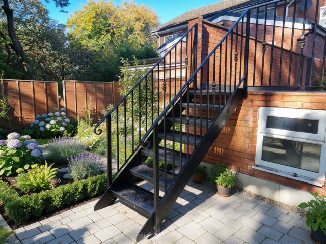 External black wrought iron garden staircase with scroll-ended handrails